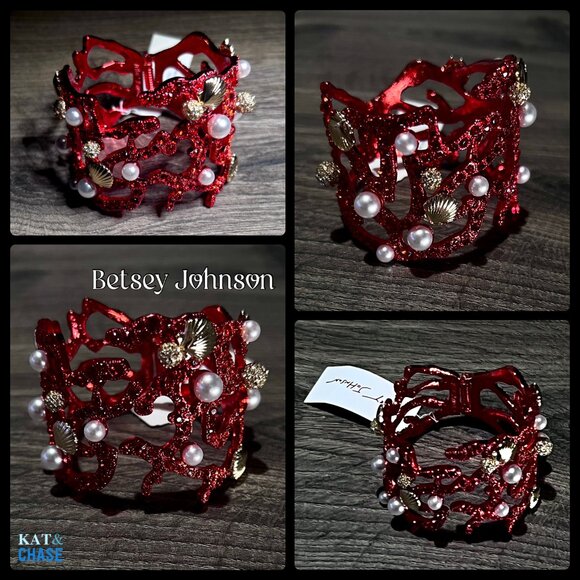 NWT Betsey Johnson Coral Hinge Bracelet Red Pearl Seashell Crystal Beach Sea - Picture 8 of 12